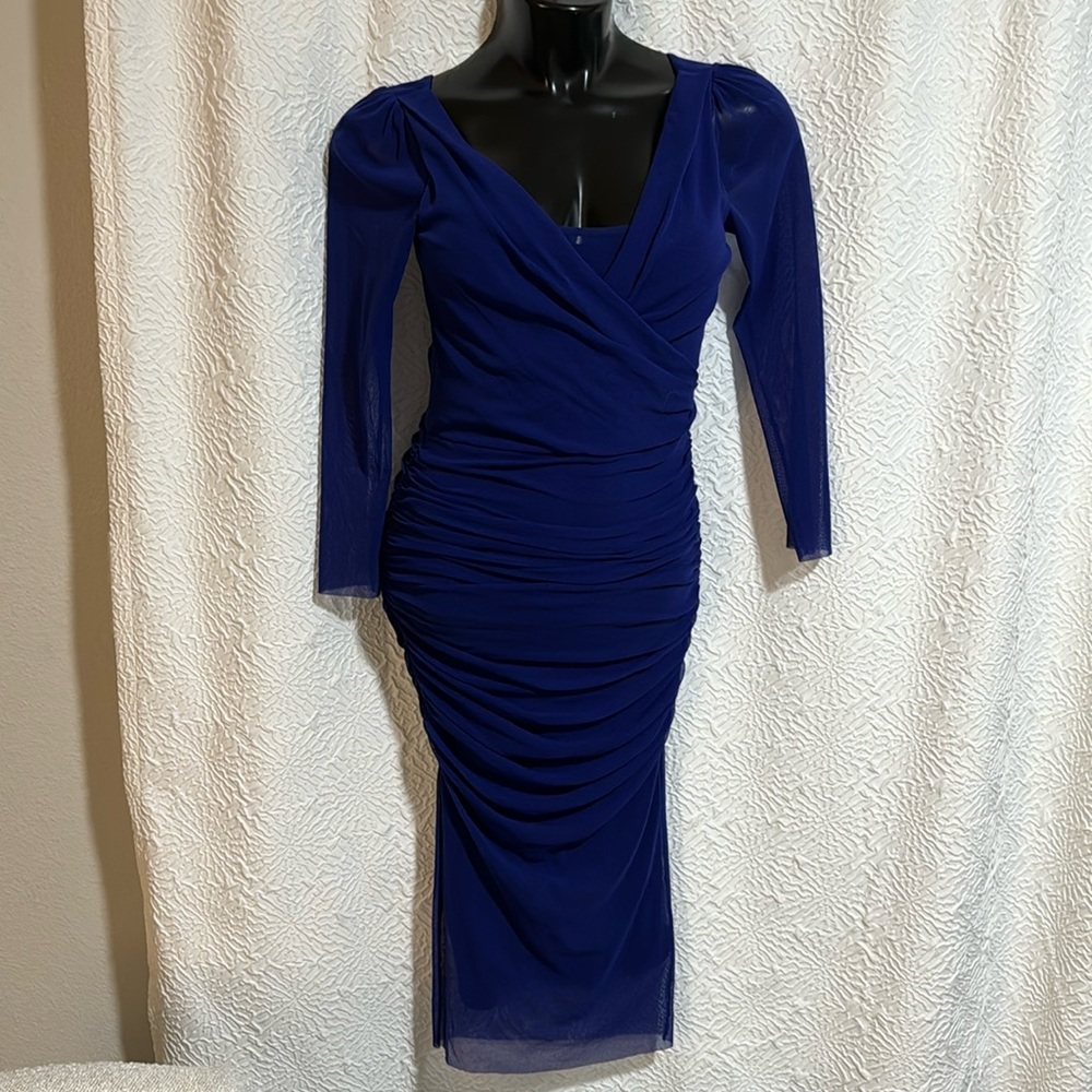 Fuzzi navy blue sheer mesh ruched overlay midi mini dress S